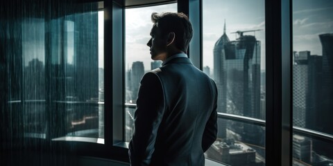 Businessman looking out the window in a modern office with skyscrapers, Generative AI