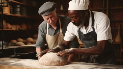 Master baker teaching man in aprons kneading a dough in a bakery, Generative AI