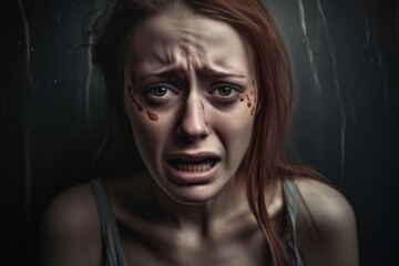 Scared young woman in tears, domestic violence and abuse concept. Generative AI
