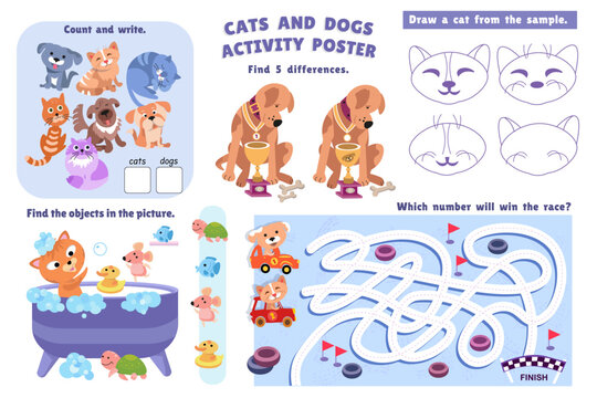 Cats and dogs activity poster. Connect pairs, maze, find differences, write numbers. Color games for kids in preschool. Cute cartoon characters. Vector illustration.