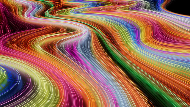 Abstract Neon Lights Background with Orange, Pink and Green Curves. 3D Render.