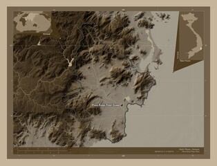 Ninh Thuan, Vietnam. Sepia. Labelled points of cities
