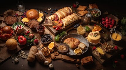 top view of the table with various healthy food and fruits, generative ai