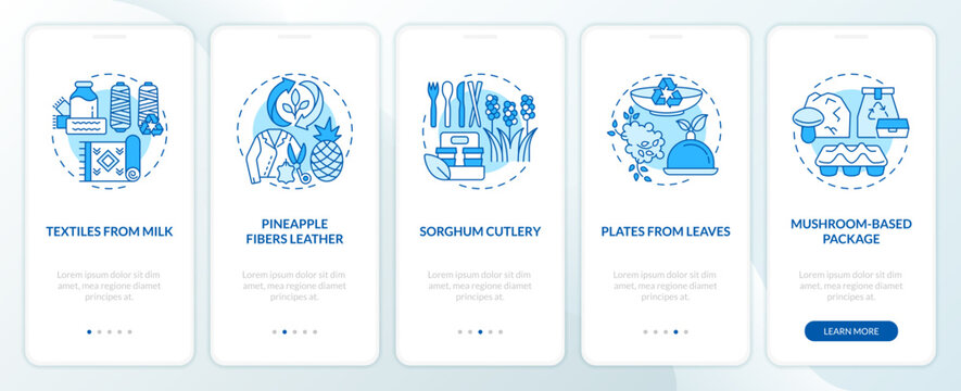 Bio based materials examples blue onboarding mobile app screen. Walkthrough 5 steps editable graphic instructions with linear concepts. UI, UX, GUI template. Myriad Pro-Bold, Regular fonts used
