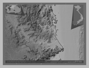 Phu Yen, Vietnam. Grayscale. Labelled points of cities
