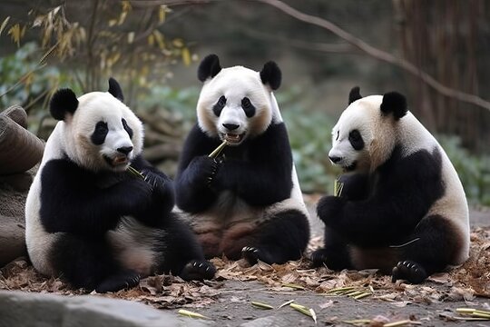 Three pandas are sitting in the park and eating bamboo, generative AI.