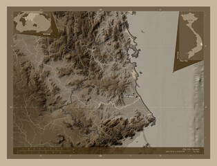 Phu Yen, Vietnam. Sepia. Labelled points of cities
