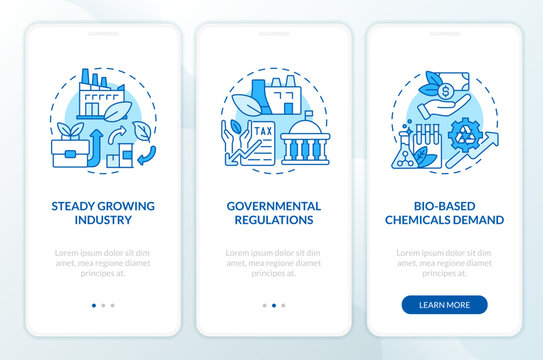 Development of bio based materials blue onboarding mobile app screen. Walkthrough 3 steps editable graphic instructions with linear concepts. UI, UX, GUI template. Myriad Pro-Bold, Regular fonts used