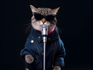 Stylish cat singing on stage. Animal music festival.