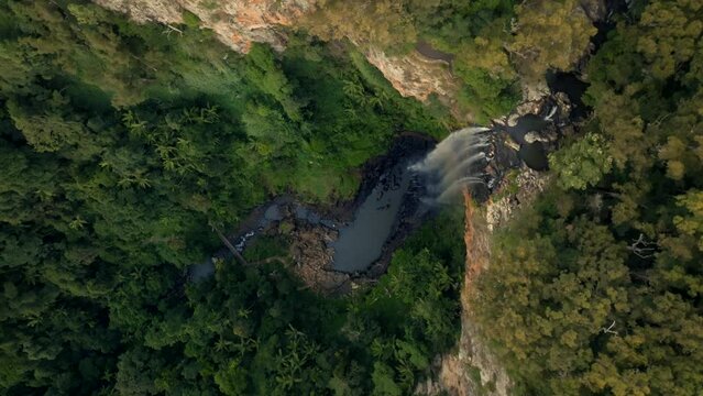 Purling Brook Falls filmed with a Drone, vertical shot, Australia