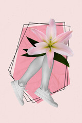 Vertical illustration photo collage of bodyless woman legs lily instead of body spa salon advert isolated on pink drawing background