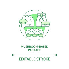 Mushroom based package green concept icon. Plastic replacement. Agricultural waste. Mycofoam idea thin line illustration. Isolated outline drawing. Editable stroke. Arial, Myriad Pro-Bold fonts used
