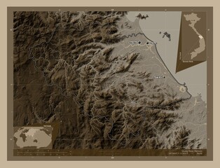 Quang Nam, Vietnam. Sepia. Labelled points of cities