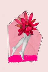 Vertical concept photo collage of bodyless girl feet flower instead of body run to spa salon...