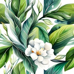 Akwarelowa, malowana tapeta w kwiatowy deseń, liście, białe kwiaty, florystyczny wzór, tapeta, tło, obraz