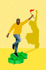 Banner template collage of excited economist guy reach financial top trade increase personal...