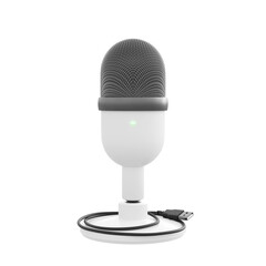 White Microphone usb on the white background isolate. Concept usb style voice recording. Broadcast studio record modern style. USB Microphone Condenser Recording Microphone on stand. 