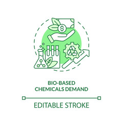 Bio based chemicals demand green concept icon. Global market trend. Biotech industry growing idea thin line illustration. Isolated outline drawing. Editable stroke. Arial, Myriad Pro-Bold fonts used