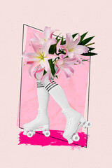Vertical postcard photo collage of girl legs ridding rollers in park flowers instead of body...