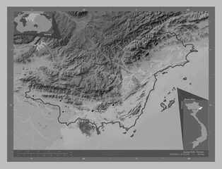 Quang Ninh, Vietnam. Grayscale. Labelled points of cities