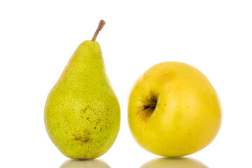 One sweet green pear and one yellow apple, macro, isolated on white background.