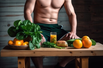 Fototapeta na wymiar Athletic man behind a table with vegetables and fruits. Slimming, healthy food. Generate by ai
