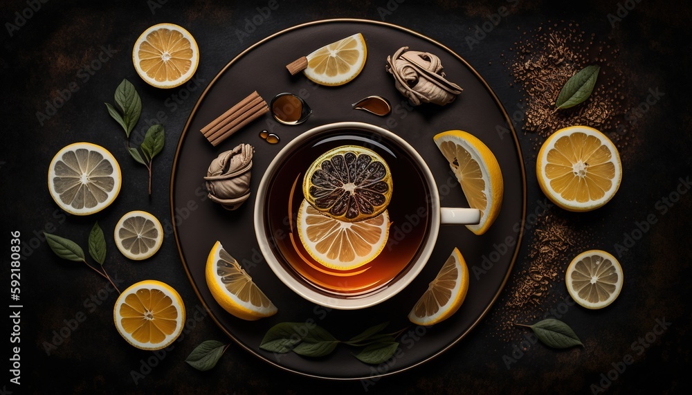 Poster image of a dark table with a cup of tea and some lemon slices on top. generative ai
