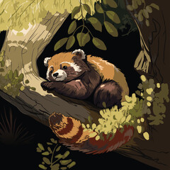 Red panda lying on a tree branch - 592180858