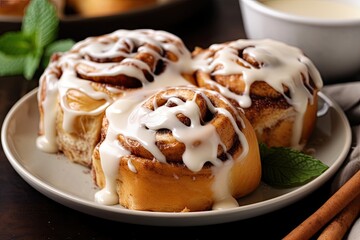 close-up of a plate of cinnamon buns drizzled with icing and topped with sprinkles, created with generative ai