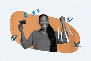 Collage portrait of delighted happy black white effect girl hold debit card raise fist achievement...