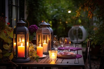 Fototapeta lanterns and candles set on garden table for romantic dinner, created with generative ai obraz
