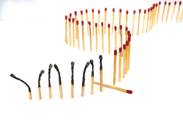 Row of burning matches and all matches on white background. spread of fire one match isolated to...