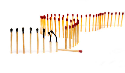 Row of burning matches and all matches on white background. spread of fire one match isolated to...