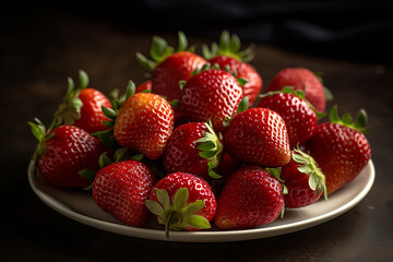 A cluster of juicy red strawberries on a white plate. Generative AI