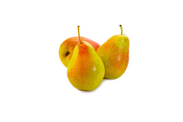 Three Fresh Yellow Pears without Leaves Placed Together Isolated Over Pure White Background.