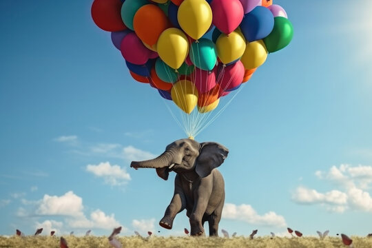 Experience the magic of a surreal and imaginative circus with an elephant floating with balloons in the sky. This whimsical and creative picture is AI Generative.