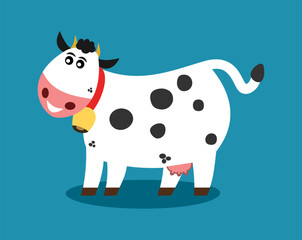 Smiling dairy cow in profile with bell on blue background - vector