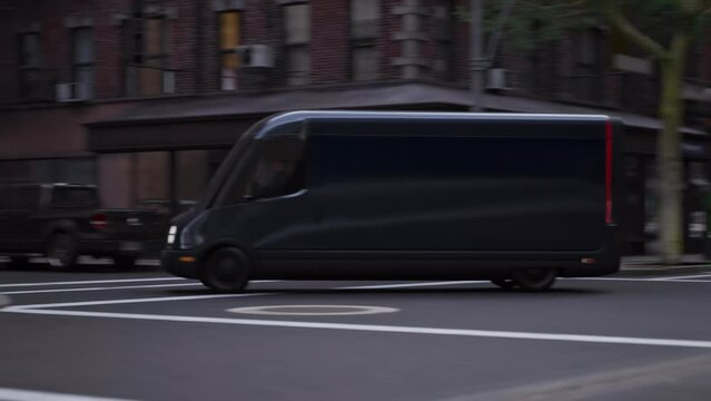 TRACKING Wide shot of modern electric EV delivery van driving through streets of a big city, delivering parcels to clients. Realistic 3d rendering