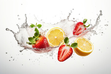 Flyingn slices of lemon strawberries and water splash. Generative AI.