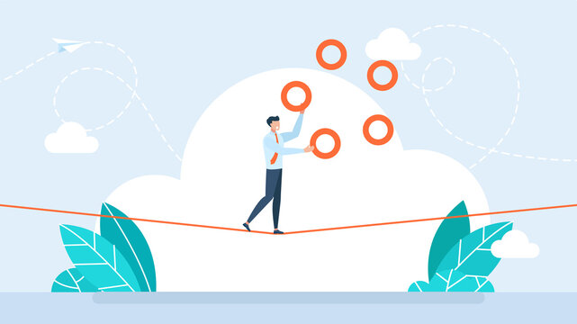 Businessman juggling with rings on rope. Juggler businessman manager showing skill and ease of control in management multitasking. Wealth management. Business risk concept. Flat illustration