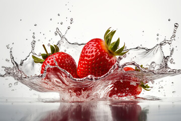 Strawberries and water splashes. Generative AI.