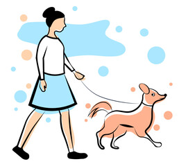 The woman is walking the dog. Doodle style drawing