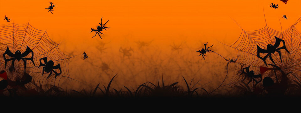 Orange background for Halloween. Festive decor with bats, spiders. Banner. Close-up. Generative AI content.