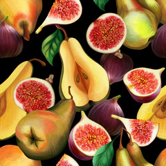 Seamless pattern of ripe figs and pears whole and separately, hand-drawn. Graphic texture on a black background for packaging design, fabric or wallpaper.