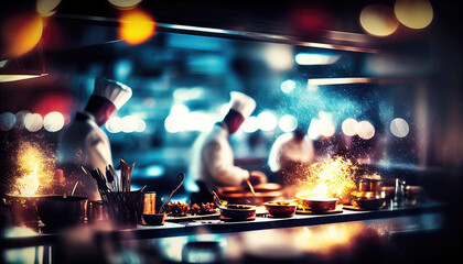 Illustration of professional chefs cooking in restaurant kitchen with bokeh and flames (Generative AI)