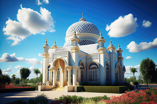 Beautiful little mosque in summer garden as real estate photography illustration (Generative AI)