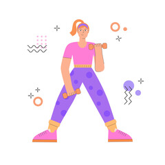 Woman with dumbbells in hands doing aerobic. Trendy 70s and 80s concept illustration. Retro sport outfit. Workout, fitness. Vector illustration, isolated.
