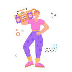 Woman doing boombox aerobic. Trendy 70s and 80s concept illustration. Retro sport outfit. Disco party. Workout, fitness. Vector illustration, isolated.