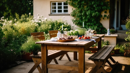 Fototapeta na wymiar beautiful terrace of house in the summer 3 with wooden chairs and food on the table 