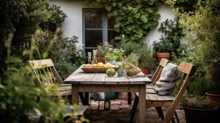 Fototapeta na wymiar beautiful terrace of house in the summer with wooden chairs and food on the table 